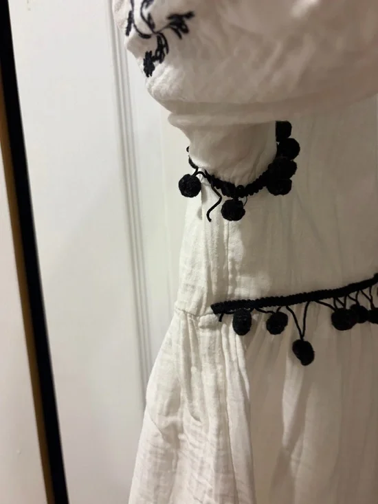 Zara Trafaluc Boho Embroidered Blouse | Pom Trim Peplum Top | Size L - Picture 4 of 6